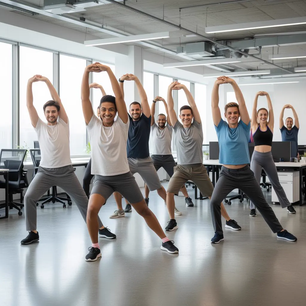 Equipe realizando ginástica laboral em escritório